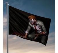 Décoration de chambre universitaire pour gars, un homme en costume avec du sang sur son visage et vêtements, tenant une hache. Drapeau de jardin Accessoires de drapeau de dortoir amusants (120 x 180