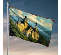 Décoration de cuisine amusante Château doré au milieu d'une forêt verte luxuriante avec des montagnes majestueuses dans un drapeau, drapeaux amusants pour dortoir universitaire (120 x 180 cm)