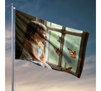 Décoration de dortoir amusante Une jeune fille regarde hors d'une vieille fenêtre, captivée par des papillons. Drapeaux de chambre pour gars, affiches amusantes pour dortoir universitaire (30 x 45 cm)