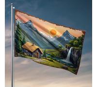 Décoration de dortoir drôle coucher de soleil sérénité : Cabane près de la cascade dans les montagnes Drapeau College Posters pour garçons Drapeaux pour chambre drôle (30 x 45 cm)