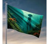 Décoration de dortoir universitaire Une figurine extraterrestre se tient au milieu d'une flore sous-marine vibrante. Drapeaux décoratifs amusants pour homme (152 x 244 cm)