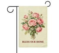 Décoration de Drapeau Des Roses Roses et du feuillage vert bénissent notre | maison Bannière de Cour 12x18 Inch Amusant Drapeau Jardin UV Fade RéSistant Bannière pour Fête Vacances Patio