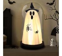 Décoration de fantôme d'Halloween, fantôme lumineux dans une cloche dôme pour centres de table, lumière blanche chaude pour fête d'Halloween, cheminée d'intérieur, décoration de cheminée