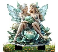 Décoration de fée d'extérieur - Ailes en acrylique 2D - Artisanat plat - Décorations de jardin de fées avec une fille sur un vert - Pour pelouse, trottoir, pot d'aménagement paysager, chemin, terrasse