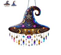 Décoration de fenêtre à Suspendre en Forme de sorcière au Clair de Lune, Chapeau de sorcière coloré 3D en Acrylique, vitrail pour décoration de fenêtre à Suspendre pour Halloween, 2025 (A)