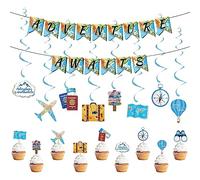 Décoration de fête Bon Voyage, carte du monde aventure attend bannière voyage suspendu tourbillon Cupcake Toppers Photo Booth Prop pour l'obtention du diplôme fête d'anniversaire