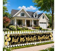 Décoration de fête d'adieu - Bannière dorée - 1 pièce pour décoration de | « Auf ins nächste Abenteuer » Bannière décorative noire et dorée pour remise de diplôme, départ à la retraite, fête