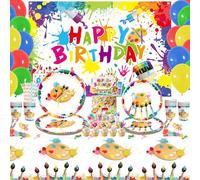 Décoration de fête d'anniversaire artistique, fournitures de fête en peinture, assiettes, tasses, serviettes, nappe, toile de fond « Happy Birthday », ballons pour gâteaux, peinture d'artiste,