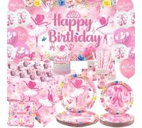 Décoration de fête d'anniversaire ballerine, accessoires de fête de ballet, assiettes, tasses, serviettes, nappe, fond de ballons, décorations de gâteau pour filles et femmes, fête dansante