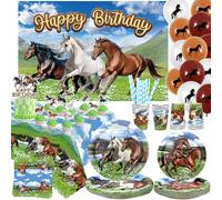 Décoration de Fête d'Anniversaire Cheval et Cowboy - Assiettes, Tasses, Serviettes, Nappe, Toile de Fond 'Happy Birthday', Ballons pour Gâteau