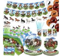 Décoration de fête d'anniversaire de cheval, fournitures de fête de cheval, assiettes, tasses, serviettes, nappe, bannière « Happy Birthday », ballons, décorations de gâteau pour cowboy, cheval,