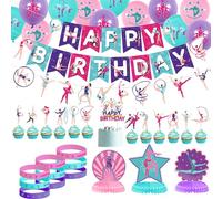 Décoration de fête d'anniversaire de gymnastique - Bannière « Happy Birthday », 3 pièces maîtresses en nid d'abeille, 9 bracelets en silicone, décoration de gâteau, ballons de gymnastique pour filles,