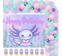 Décoration de fête d'anniversaire de la salamandre,Joyeux anniversaire toile de fond Guirlande de ballons violets Décoration de gâteau Kit d'anniversaire à thème salamandre, pour garçons et filles