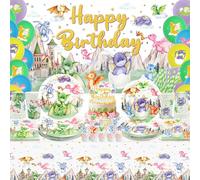 Décoration de fête d'anniversaire en forme de dragon, y compris toile de fond pour fête d'anniversaire, assiettes, tasses, serviettes, nappes, ballons, pailles, décorations d'anniversaire dragon pour