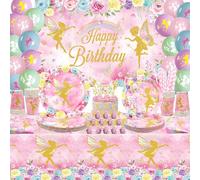 Décoration de fête d'anniversaire féérique, assiettes, tasses, serviettes, nappe, toile de fond « Happy Birthday », ballons de décoration de gâteau pour fête d'anniversaire de fée, fleurs, filles,