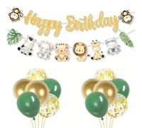 Décoration De Fête D'anniversaire Jungle, 12 Pcs Ballons Anniversaire Vert Or, Guirlande Anniversaire, Décoration De Fête D'anniversaire Jungle Bannière, Rétro Verts Et Or Blanc Confettis Ballons