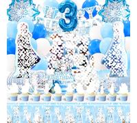 Décoration de fête d'anniversaire La Reine des Neiges Ballon 3 ans Décoration d'anniversaire Ann et Els Fond Reine des Neiges Ballon à l'hélium 3, nappe Els Assiettes en carton, serviettes, décoration