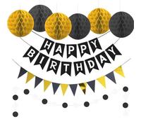 Décoration de fête d'anniversaire noire et dorée avec guirlande Happy Birthday, guirlande de fanions, boule en nid d'abeille, guirlande à points circulaires, décoration réutilisable pour toutes les