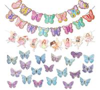 Décoration de fête d'anniversaire papillon, bannière à paillettes « Happy Birthday » - Bannière papillon elfe à suspendre - Bannière holographique pour fille et femme - Fête d'anniversaire de