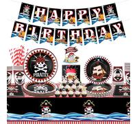 Décoration de fête d'anniversaire pirate, accessoires de fête pirate, assiettes, tasses, serviettes, nappe, bannière d'anniversaire, décoration de gâteau pour Halloween, enfants, garçons, servir 20