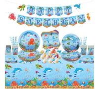 Décoration de fête d'anniversaire sous la mer, accessoires de fête sous la mer, assiettes, tasses, serviettes, nappe, bannière Happy Birthday, décorations de gâteau pour le monde sous-marin,