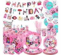 Décoration de fête d'anniversaire spa, fournitures de fête de maquillage, assiettes, tasses, serviettes, nappe, bannière « Happy Birthday », ballons de décoration de gâteau pour filles et femmes