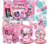 Décoration de fête d'anniversaire spa, fournitures de fête de maquillage, assiettes, tasses, serviettes, nappe, toile de fond « Happy Birthday », ballons de décoration de gâteau pour filles et femmes