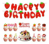 Décoration de fête d'anniversaire sur le thème des fraises, bannière d'anniversaire et 13 décorations de gâteau, accessoires de fête pour filles mignonnes