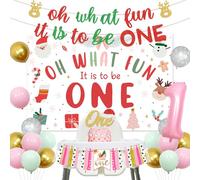 Décoration de fête de Noël pour premier anniversaire - Rose Oh What Fun It Is to Be One - Bannière bonhomme de neige, cerf, Père Noël, nœud - Bannière de chaise haute - Ballon en aluminium pour fille
