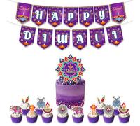 Décoration de fête du festival de Diwali, bannière violette à suspendre Happy Diwali, décorations de gâteaux et cupcakes pour le festival hindou indien des lumières, fournitures de fête Deepavali