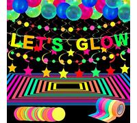 Décoration de Fête Néon Lueur, 98,4 Feet 6 Ruban Lumineux Réactif Lumière Noire UV 28,9 Feet 2 Guirlande Papier Néon Bannière Let's Glow 10 Tourbillon Suspendu Étoile, 25 Ballon Fluorescent