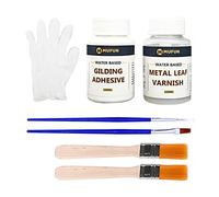 Décoration de feuille d'or 200 ml, ensemble de dorure adhésive en feuille d'or pour les arts et l'artisanat - adhésif pour dorure 100 ml, peinture en feuille métallique 100 ml, 4 pinceaux, 2 gants