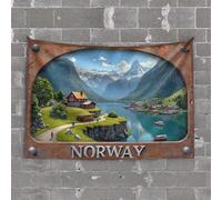 Décoration de garage pour homme, fjord norvégien, sérénité : un village pittoresque au milieu de Majestic M, tapisserie pour porte de chambre, décoration de chambre, esthétique vintage (100 x 150 cm)