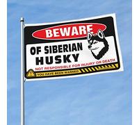 Décoration de garage pour homme, méfiez-vous du drapeau husky sibérien, drapeaux de jardin amusants pour décoration de grotte (60 x 90 cm)