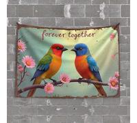 Décoration de garage pour hommes Forever Together : un duo d'oiseaux colorés sur une branche avec flux rose - Tapisserie pour porte de chambre - Décoration de chambre - Esthétique vintage (75 x 100 cm