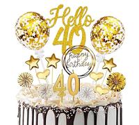 Décoration de gâteau 40e anniversaire pour homme et femme, 20 pièces de décoration de gâteau dorée pour 40e anniversaire, socle de gâteau avec bougies d'anniversaire, pour décoration de gâteau de 40e