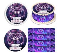 Decoration de Gateau Anniversaire Gamer,4 Disque D'Azyme Comestible Ø 20CM | Décoration Coméstible Gamer Motif avec Bordure,Deco Gateau Anniversaire per Bambini