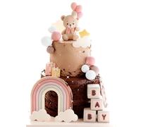 décoration de gâteau avec ours et boules jaunes pour fête de bébé et gâteau danniversaire en rose