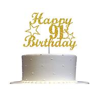 Décoration de gâteau d'anniversaire 91 ans - Paillettes dorées - Idées de décoration pour 91ème fête - Qualité supérieure - Paillettes double face - Bâton en acrylique - Fabriqué aux États-Unis