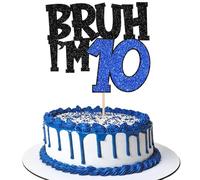 Décoration de gâteau d'anniversaire Bruh I'm 10 à paillettes « Happy 10th Birthday » - Décoration de gâteau d'anniversaire « It's My 10th Birthday » - Fournitures de fête d'anniversaire - Bleu