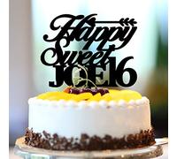 Décoration de gâteau d'anniversaire en acrylique noir pour 16e anniversaire de mariage avec inscription « Happy Sweet 16 », 16 ans et 16 ans - Nom personnalisé - Numéro d'âge, 16e anniversaire de