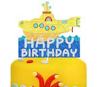 Décoration de gâteau d'anniversaire en forme de sous-marin avec inscription « We All Live in a Yellow Submarine »