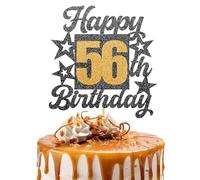 Décoration de gâteau d'anniversaire « Happy 56th Birthday » - Cheers to 56 Years - Paillettes noires et dorées - Décoration de gâteau d'anniversaire pour enfants filles ou garçons - Fournitures de