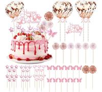 Décoration de gâteau d'anniversaire Happy Birthday - Décoration de gâteau dorée à paillettes - Décoration de cupcake avec étoiles - Ballons à confettis et éventails en papier