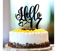 Décoration de gâteau d'anniversaire « Hello 17 » en acrylique noir - Personnalisable avec n'importe quel âge - Numéro de dix-sept et 17 ans - Cadeau d'anniversaire pour la famille et les amis