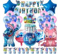 Décoration de gâteau d'anniversaire Stitch comprenant une bannière HAPPY BIRTHDAY, un ballon, une décoration de gâteau
