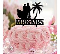 Décoration de gâteau d'anniversaire sur le thème de la plage Mr & Mrs - Nom de famille romantique - Pour enterrement de vie de jeune fille et adulte - Noir - Silhouette de couple de mariées à être