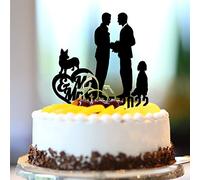 Décoration de gâteau de couple gay en acrylique noir avec chien et chat gay pour lui et lui - Décorations de gâteau de mariage homosexuel gay - Fournitures de fête de mariage homosexuel - Nom