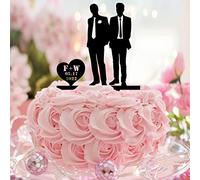 Décoration de gâteau de couple gay en acrylique noir avec silhouette rétro de deux mariés - Décoration de gâteau de mariage avec nom personnalisé - Cadeau pour couple gay