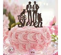 Décoration de gâteau de couple gay en bois avec chien et chat pour lui et lui - Décoration de gâteau de mariage homosexuel - Cadeau personnalisé pour homme